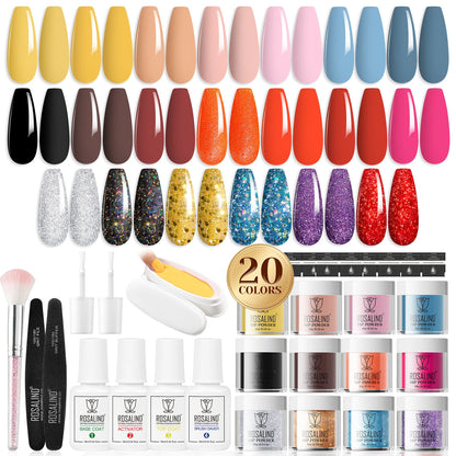 ROSALIND 29PCS Dip Nails Powder Starter Kit, 20 Colors Dip Powder Nail Kit Red Green Orange Glitter Series Nail Dip Powder Color
