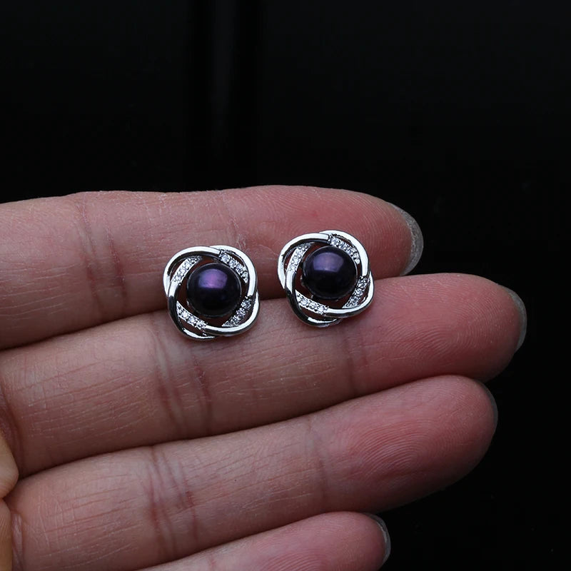 Wedding Natural Freshwater Stud Earrings With Pearls For Women,Silver 925 Pearl Earrings Wife Girls Birthday Gift White Black