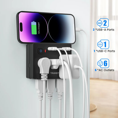 Mini Portable Surge Protector Power Outlet, 9-in-1 Multi-Function 6 Outlets 2 USB Ports 1 Type-C,for home, travel, office, Black