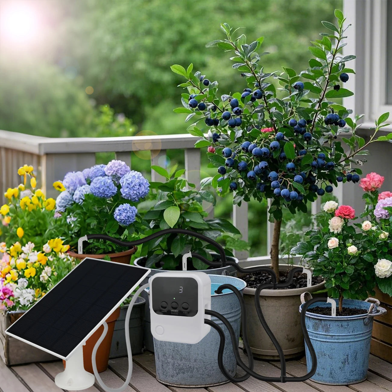 Garden Solar Powered Timer Drip Irrigation Kit DIY Automatic Watering System Drippers Nozzles for Balcony Potted Plants Flowers