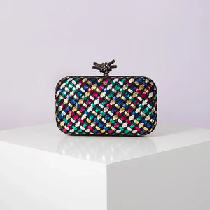 Woven Clutch Bag for Women Formal Party Contrast Color Microfiber Thread Braid Evening Bags Classic Chain Small Square Handbags