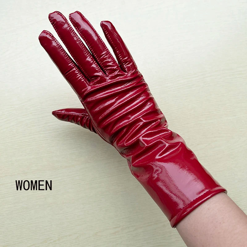 Long Gloves For Women Spring Winter Male Patent Leather Fashion Catwalk Motorcycle Riding Luvas Brilliant Warm Arm Warmer Gants