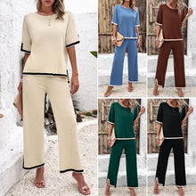 Load image into Gallery viewer, High Quality Elegant Women Clothing 2024 Temperament Casual Solid Color Knitted Shite Sleeved Suit Sweatpants Wide Leg Pants Y2k

