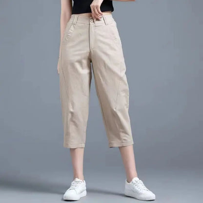 Women Clothing New Summer Simple Casual Cotton Linen Haren Capri Pants Female Solid High Waist Loose Cropped Trousers Pantalones