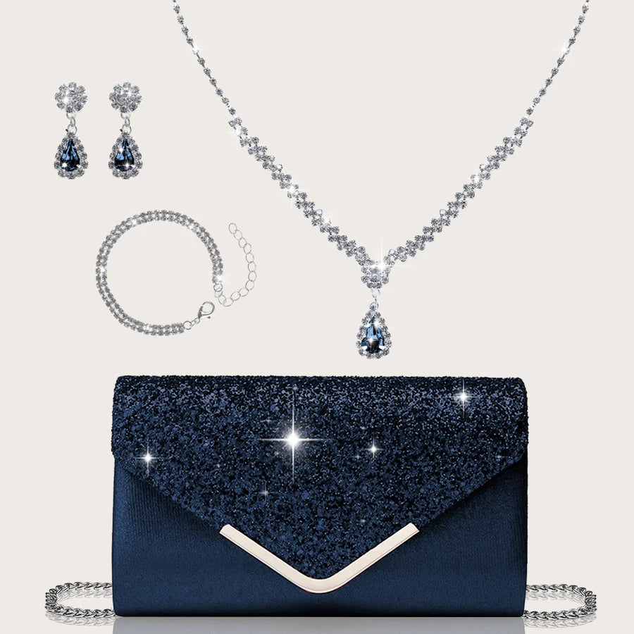Gorgeous and elegant sparkly women's clutch bag, paired with a gorgeous rhinestone necklace, earrings and bracelet set of four.