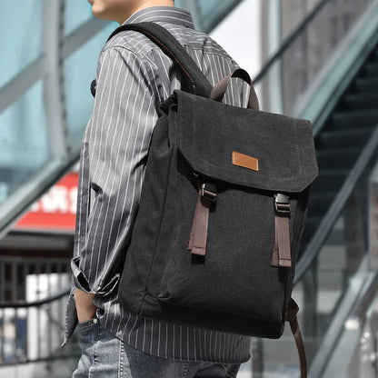 Mens Canvas Backpack Retro Style Large Capacity Bag with Buckle Straps
