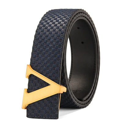 Men's Belt Casual Business V letter Slide Buckle Fashionable Checkered Plaid Leather Male Belt for Men