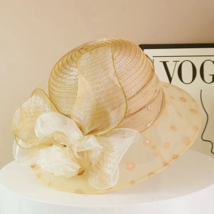 Fashion Hat Women Top Hat Elegant Organza Flower Wide Brim Sun Hat for Women Retro Style Party Banquet Accessory Foldable Beach