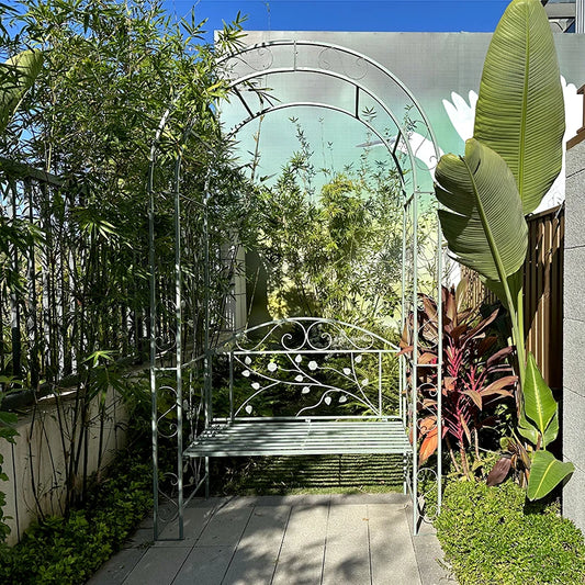 Garden arch bench, decorative wrought iron arch with seat, suitable for climbing plants and outdoor wedding arch