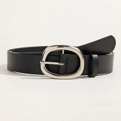 Women's Casual And Business Style black Belt With 3.2" Oval Buckle Adjustable Leatherette Waist Accessory