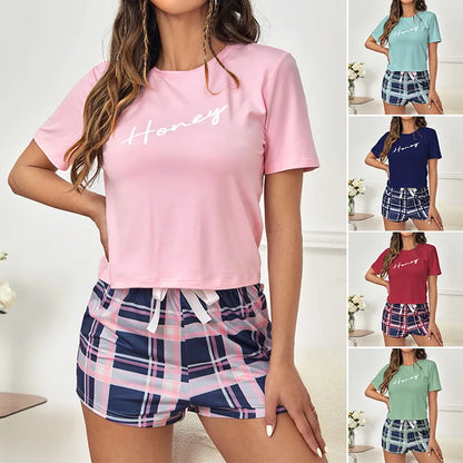 Women's Sleepwear & Loungewear Letter Print Pajamas Set Summer Short Sleeve Tops & Bow Plaid Shorts Pyjama Femme Home Clothing