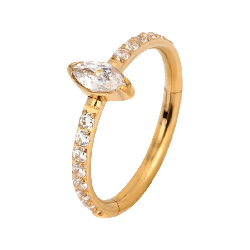 G23 Titanium CZ Pave Side With Marquise Stone Center Hinged Segment Hoop Rings Nose Ring Clicker Labret Ear Tragus Piercing