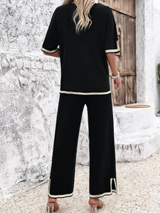 High Quality Elegant Women Clothing 2024 Temperament Casual Solid Color Knitted Shite Sleeved Suit Sweatpants Wide Leg Pants Y2k
