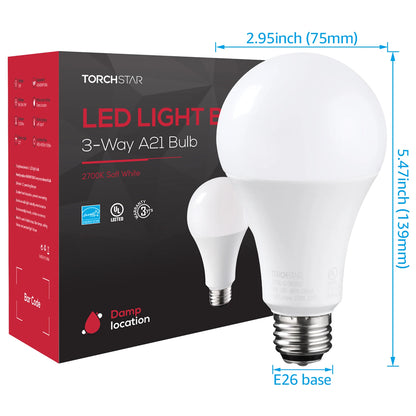 4 Pack LED 3-Way Light Bulb A21, Energy Star & UL-Listed, E26 Base, 2700K Soft White, 40/60/100W Equivalent