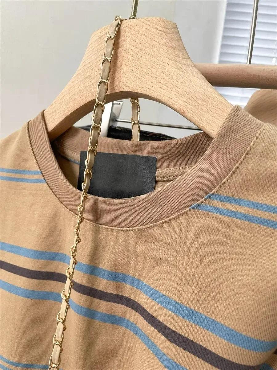 Women's Clothing American Beautiful Contrast Stripe Short Sleeve T-Shirt Summer Loose Casual Versatile Fashion Top