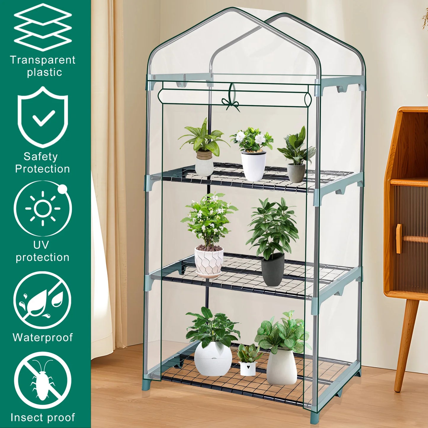 Garden Greenhouse 4 Tier Walk-in Green House Transparent Cover with Doors & Windows Small Waterproof Frost Without Iron Frame