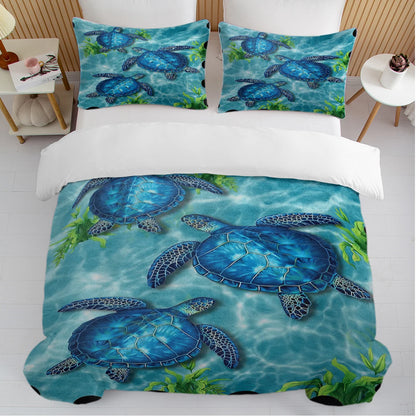 3pc Three Blue Sea Turtles Design Bedding Set Ocean Theme Quilt Cover with Zipper Closure 1 Duvet Cover and 2 Pillow Cases