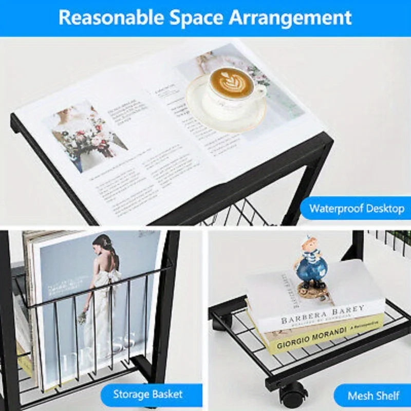 Adjustable C Table Side Table Bedroom Rolling End Table w/ Storage Basket Shelf