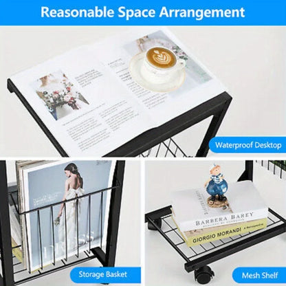 Adjustable C Table Side Table Bedroom Rolling End Table w/ Storage Basket Shelf