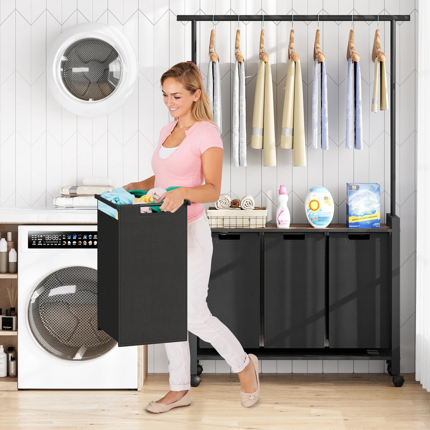 1 Set Ironwood Hanging Laundry Basket Telescopic with Clothes Hanging Rod and Wooden Storage Shelf for Laundry Room Storage