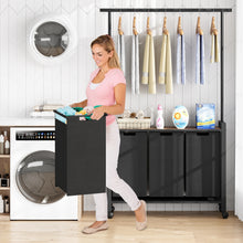 Load image into Gallery viewer, 1 Set Ironwood Hanging Laundry Basket Telescopic with Clothes Hanging Rod and Wooden Storage Shelf for Laundry Room Storage
