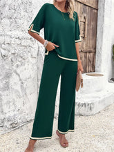 Load image into Gallery viewer, High Quality Elegant Women Clothing 2024 Temperament Casual Solid Color Knitted Shite Sleeved Suit Sweatpants Wide Leg Pants Y2k
