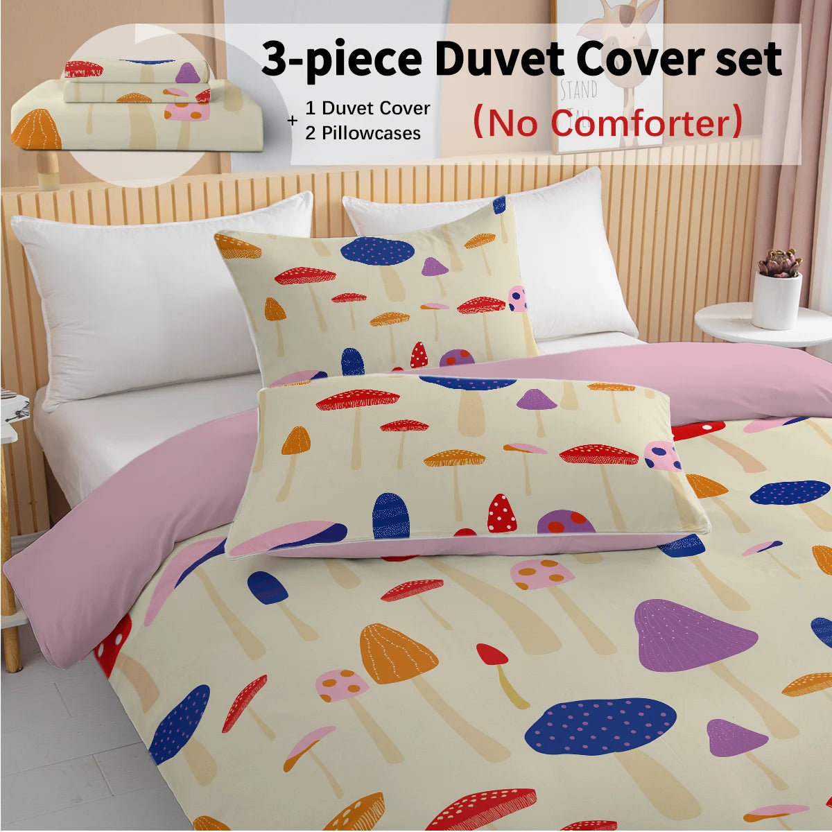 3pc Colourful Cartoon Mushrooms Design Bedding Set Quilt Cover with Zipper Closure 1 Duvet Cover and 2 Pillow Cases