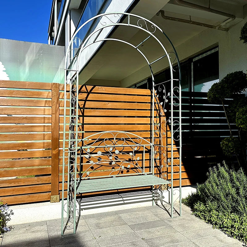 Garden arch bench, decorative wrought iron arch with seat, suitable for climbing plants and outdoor wedding arch