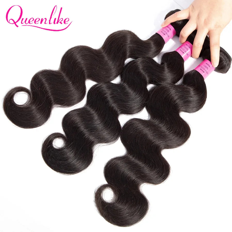 Queenlike 26 28 30 32 inch Body Wave Bundles 100% Human Hair with 4x4/5x5 Lace Closure Brazilian Raw Hair Bundles for Women