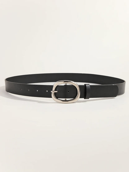 Women's Casual And Business Style black Belt With 3.2" Oval Buckle Adjustable Leatherette Waist Accessory