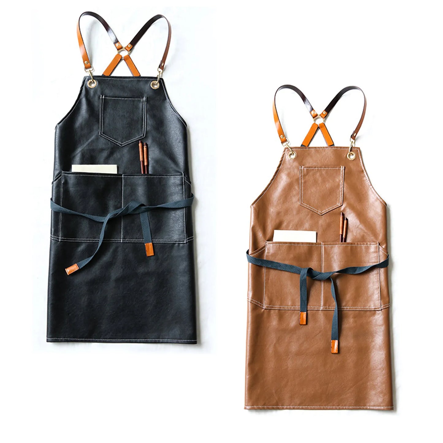 Thickened Leather Working Apron Cross Back Adjustable Chef Apron Waterproof Multi-Pocket Sleeveless Adjustable Strap Clothes