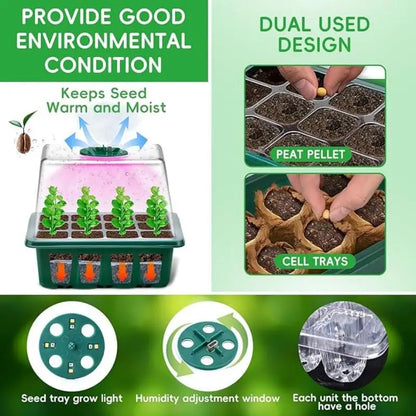 Seed starter tray with grow lights, 1 seed germination kit with adjustable humidity dome, seedling starter tray with raised lid.