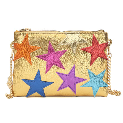 Women's Metallic PU Leather Square Clutch Funky Stars Applique Colorful Stripes Metal Chain Shoulder Handbag Party Dating Gift