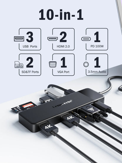 Lemorele USB-C Hub 10Ports Docking Station USB Type C to Dual HDMI 4K 30Hz VGA USB 3.0 Adapter PD100W SD Card Reader for MacBook