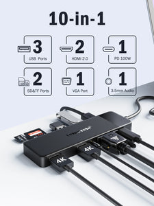 Lemorele USB-C Hub 10Ports Docking Station USB Type C to Dual HDMI 4K 30Hz VGA USB 3.0 Adapter PD100W SD Card Reader for MacBook