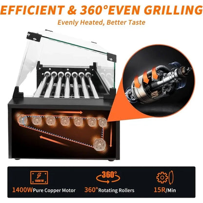 1400W Hot Dog Roller Machine Stainless Hotdog Roller Grill with Glass Guard LED Warm Light for Commercial BBQ (7 Rollers)