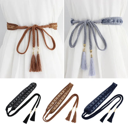 Women Waist Belt Rope Braided Waistband Woven Tassel Thin Belt Female Knot Decorated Waistband Hot Casual Solid Black Belts