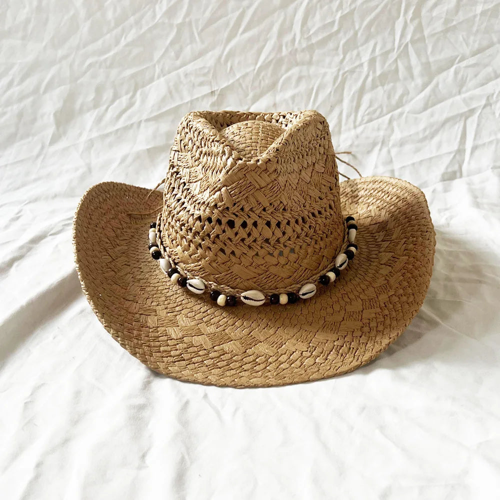 Handmade Women Men Straw Hat Summer Beach Shell Vintage Beads Hollow Out Western Wide Brim Sun Hat Fishing Holiday Bohemian Cap