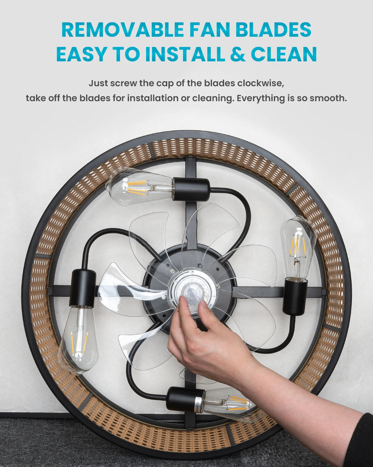 20" Flush Mount Ceiling Fan with Light & Remote Control, Drum Shade, Bladeless/Quiet Motor/Low Profile, for Kitchen Bedroom