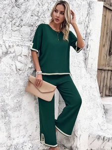 High Quality Elegant Women Clothing 2024 Temperament Casual Solid Color Knitted Shite Sleeved Suit Sweatpants Wide Leg Pants Y2k