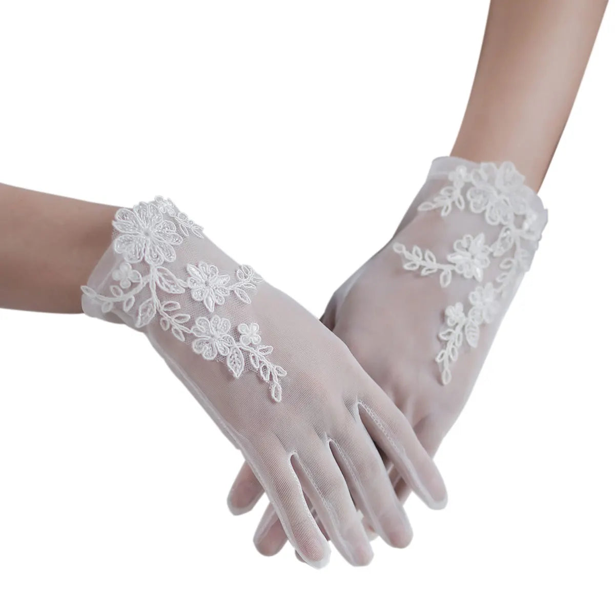 Wedding Bridal White Gloves Handmade Soft Tulle Lace Appliqued Short Brides Gloves Women Pageant Prom Perform Handschuh