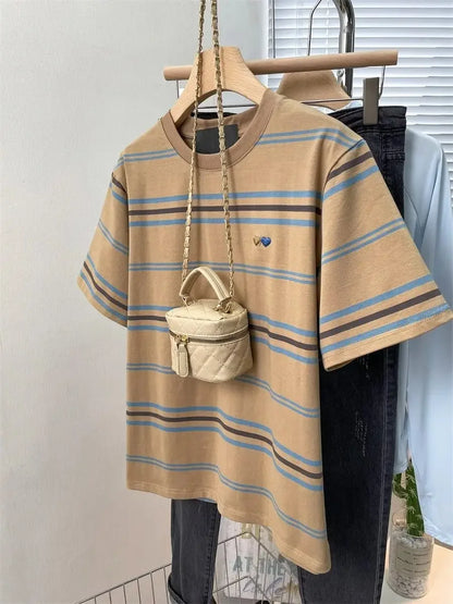 Women's Clothing American Beautiful Contrast Stripe Short Sleeve T-Shirt Summer Loose Casual Versatile Fashion Top