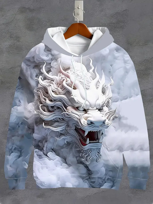 Men's 3D Digital White Dragon Smoke Printed Hoodie with Drawstring and Pocket, Spring and Autumn Sports Fashion Hoodie, Suitable