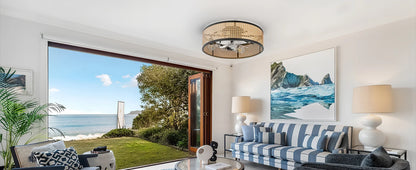 20" Flush Mount Ceiling Fan with Light & Remote Control, Drum Shade, Bladeless/Quiet Motor/Low Profile, for Kitchen Bedroom