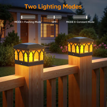 Load image into Gallery viewer, 4 Pack Solar Flame Post Cap Lights, 2 Modes (Flame/Warm), IPX5, Fit 3.5x3.5/4x4 Posts, for Deck/Fence/Yard, Vinyl/Wooden
