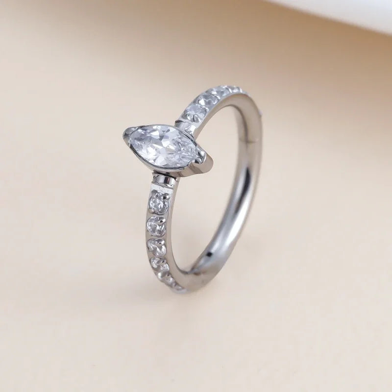 G23 Titanium CZ Pave Side With Marquise Stone Center Hinged Segment Hoop Rings Nose Ring Clicker Labret Ear Tragus Piercing