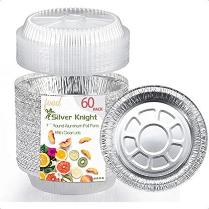 60 Pack 7Inch Round Aluminum Pans Disposable with Plastic Dome Lids Tin Foil Pans for Roasting Meal Prep toGo Containers Silver