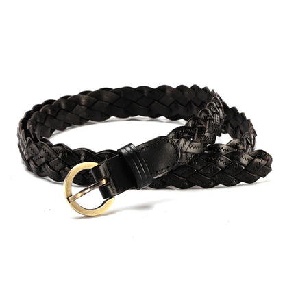 Women Leather Belt Waist Bands with Round Gold Buckle Braided Dress Belt Casual Thin Belt For Student Ladies Clothes Accessories