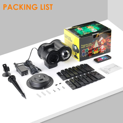 Halloween Christmas Projector Lights Outdoor 16 HD Slides, 2 in 1 Water Wave Lamp with Color Patterns, Timer & Remote for Party