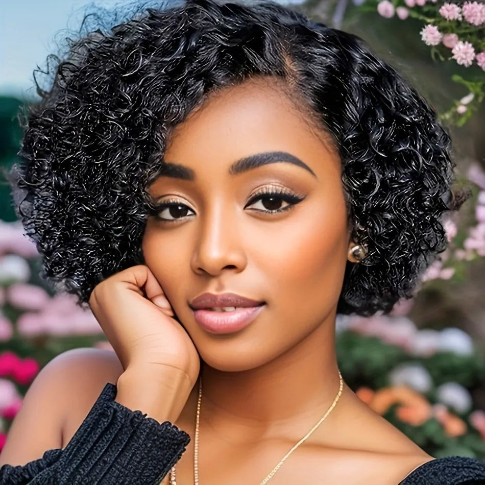 6inch 150% density black color 13x1 Tpart lace short curly human hair wig daily party cosplay use remy hair wig for women